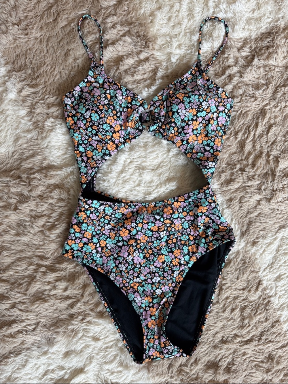 NWOT Juniors Floral Cutout One-Piece Swimsuit - Black with Pastel Flowers